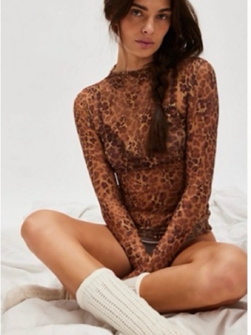 Free People Print Long-Sleeve Mesh Top - Brown/Gold